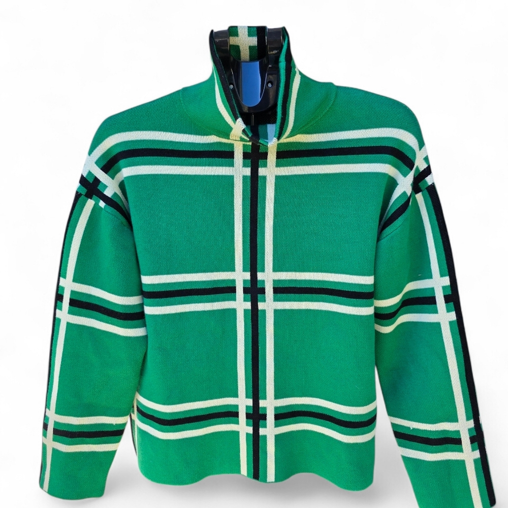 ​Chérie Collette Green Windowpane Plaid Mock Neck Sweater M Preppy Holiday Mod